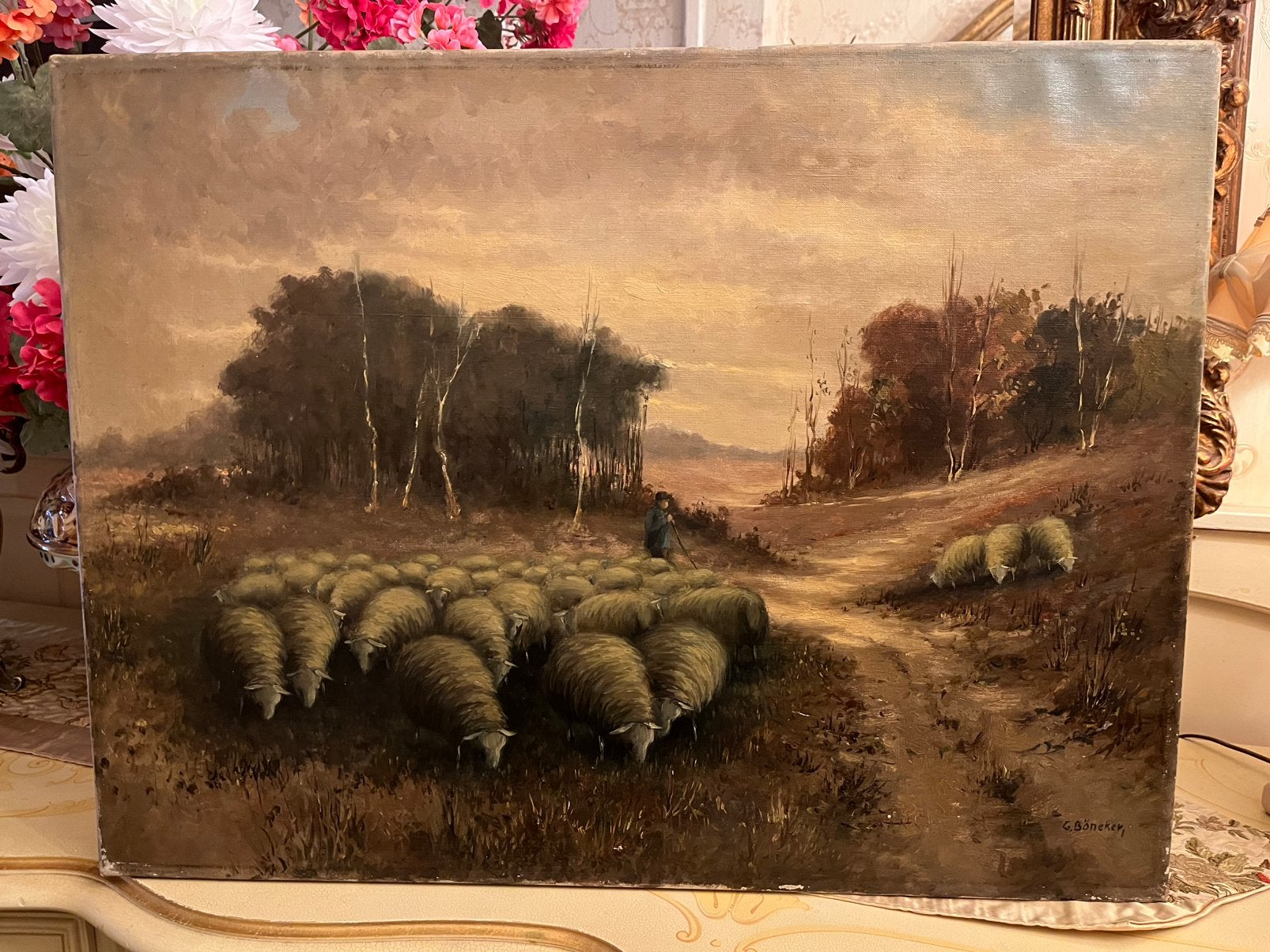 Groot antiek olieverf schapen met herder schilderij, Ophalen