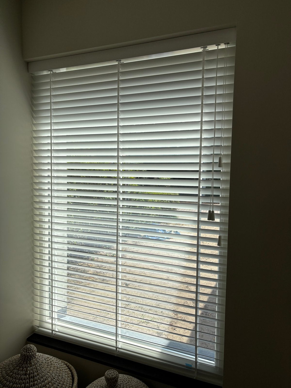 Houten jaloezieën Topwood 50mm off-white met ladderband, Ophalen, Gebruikt, Overige merken, Wit