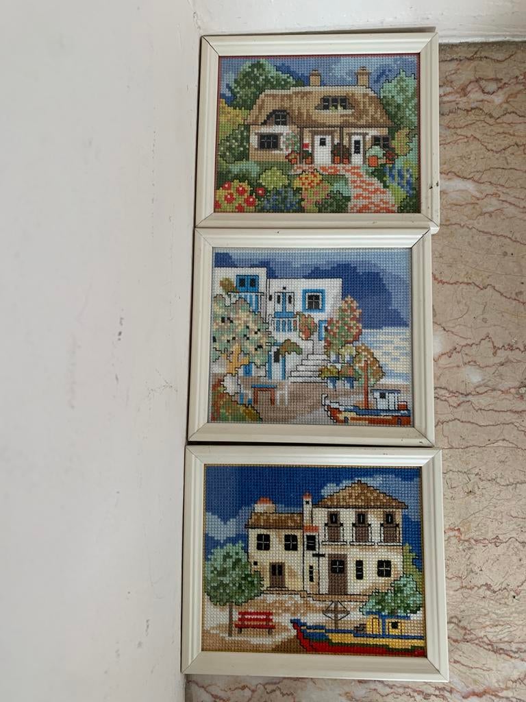 Set van 3 handgemaakte kruissteek schilderijen, Hobby en Vrije tijd, Ophalen of Verzenden, Gebruikt, Knutselwerk