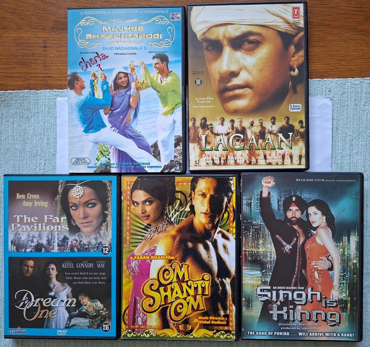5 Bollywood DVD's: Lagaan, Om Shanti Om, Singh Is Kinng, Engels, Ophalen of Verzenden, Vanaf 12 jaar, Inclusief doosje