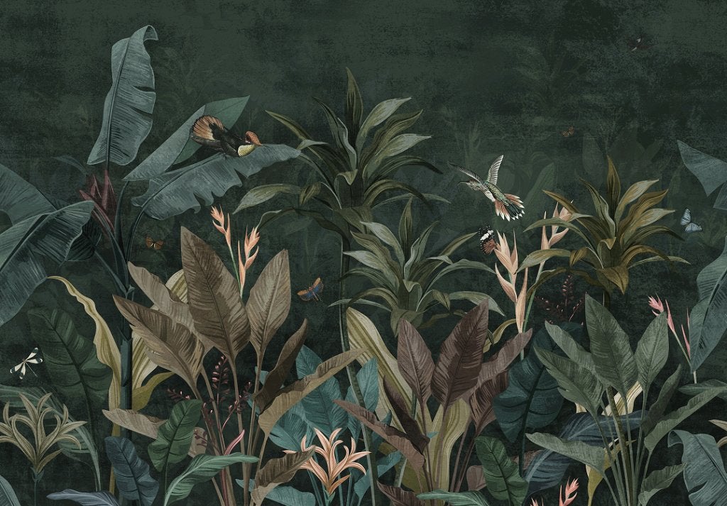 Donker Jungle behang met Vogels Vlinders, Ook op maat, Verzenden