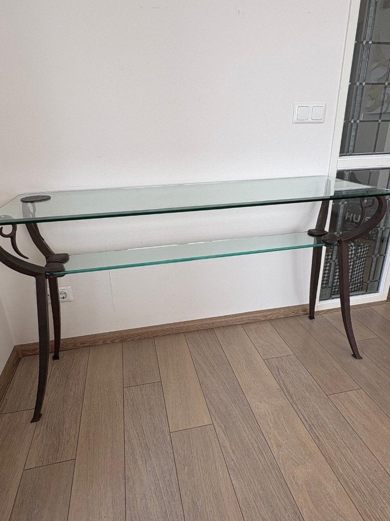 Glazen sidetable met metalen onderstel, Huis en Inrichting, Ophalen, Gebruikt, 100 tot 150 cm, Glas