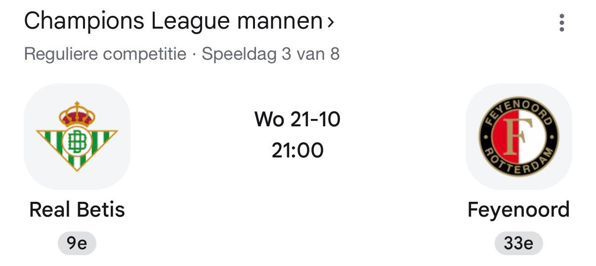 2 tickets Real betis - Feyenoord uitvak, Losse kaart, Twee personen, Oktober, Buitenland