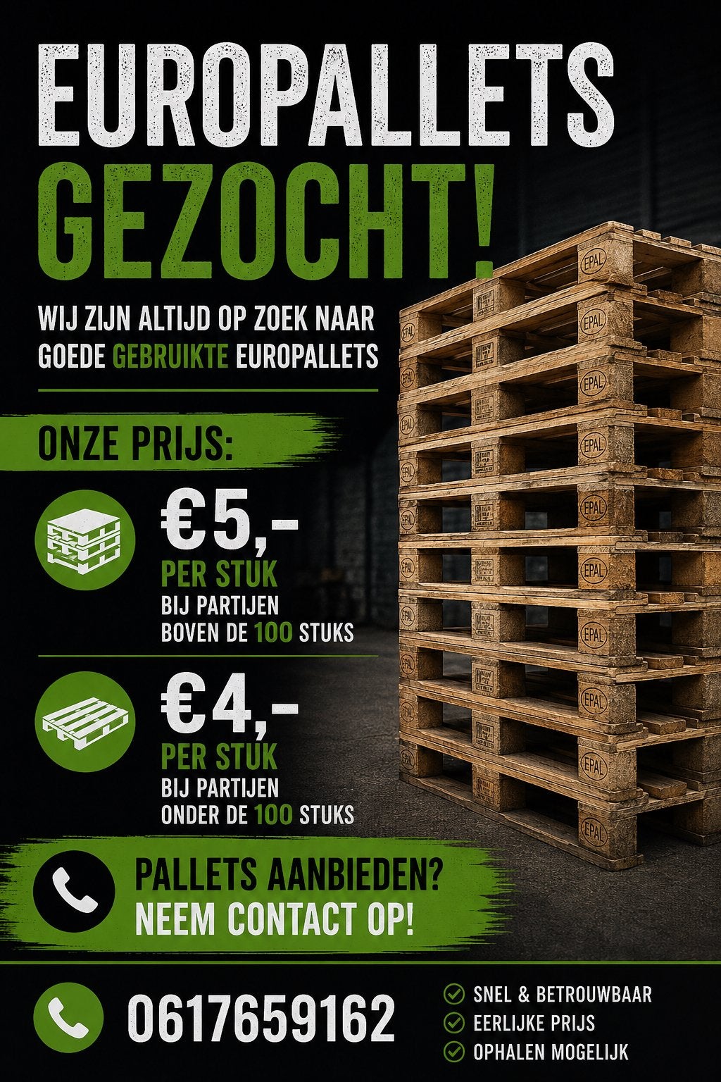 Europallets gezocht! Wij kopen uw gebruikte pallets, Ophalen, 50 mm of meer, Pallet, Minder dan 200 cm