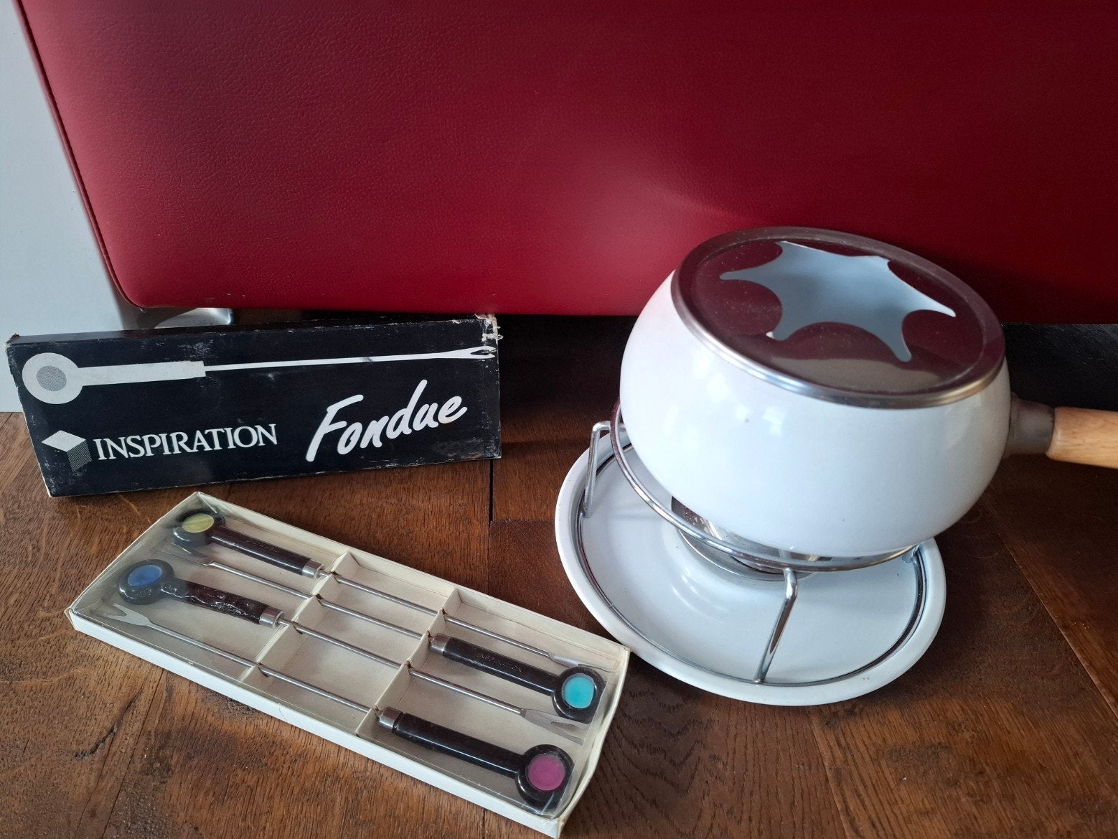 Vintage Inspiration Fondue Set - Wit met Houten Handvat, Ophalen of Verzenden, Gebruikt, Brander, Fondueset