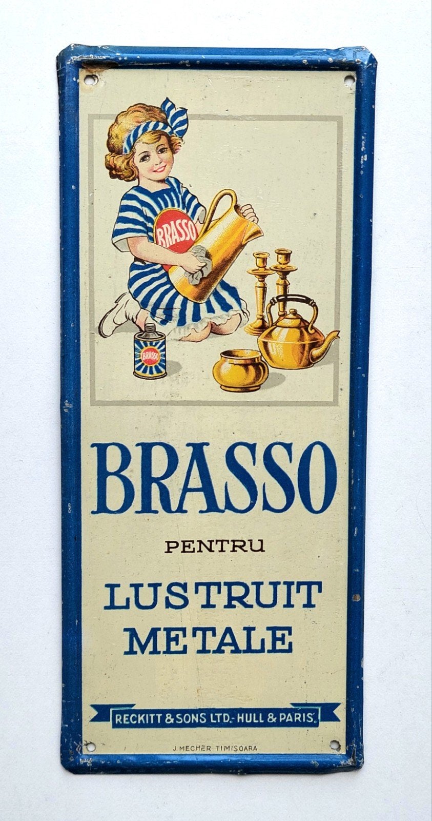 Oud Blikken Brasso Reckitt Reclamebordje Deurpostje, Verzenden, Gebruikt, Reclamebord