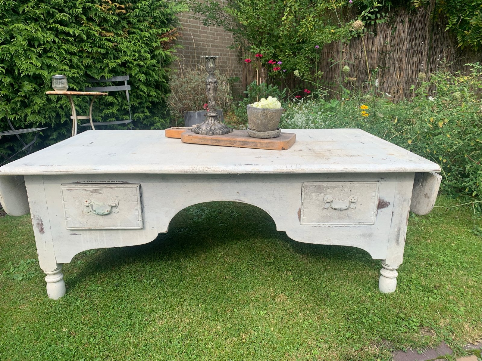 Vintage Wit Geverfde Salontafel met Uitschuifbare Bladen, Antiek en Kunst, Ophalen