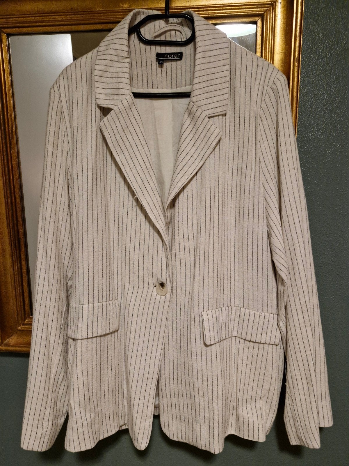 lang colbert blazer Norah maat xxl 46 off white met streepje, Kleding | Dames, Ophalen of Verzenden, Zo goed als nieuw, Maat 46/48 (XL) of groter