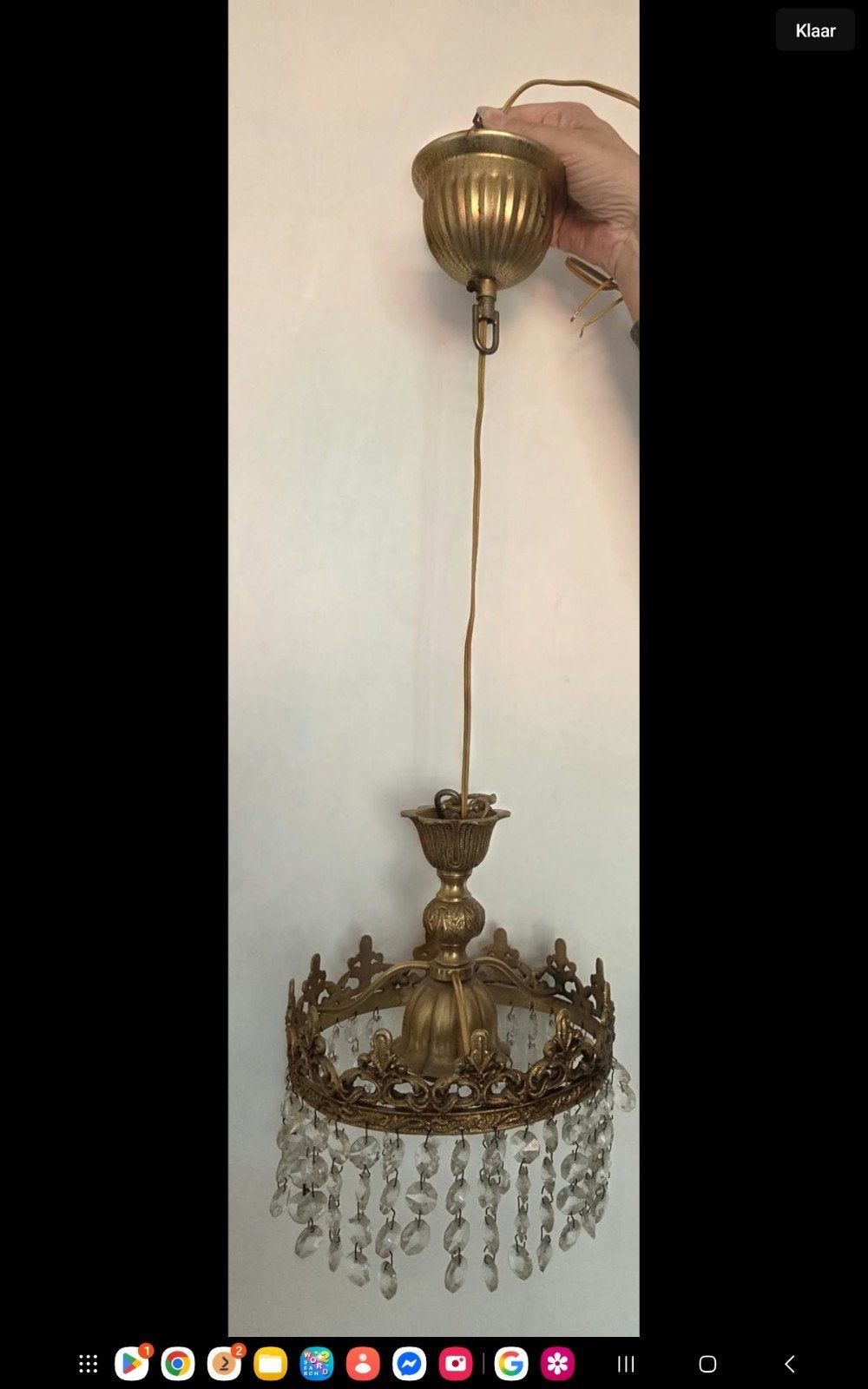 Antieke kroonluchter met kristallen - Goudkleurig, Huis en Inrichting, Ophalen, Gebruikt, E14 (klein), Klassiek, Antiek, Vintage