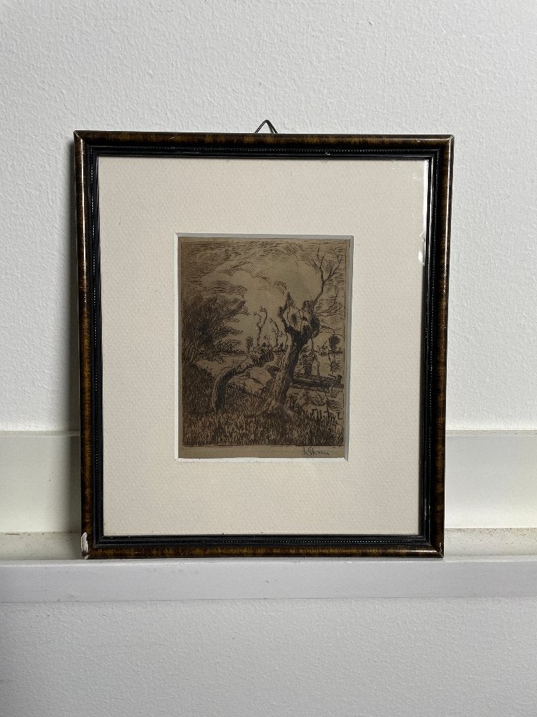 Knotwilgen langs waterkant - schipper in bootje - ets, Ophalen of Verzenden, Gesigneerd, 12 cm, 9 cm