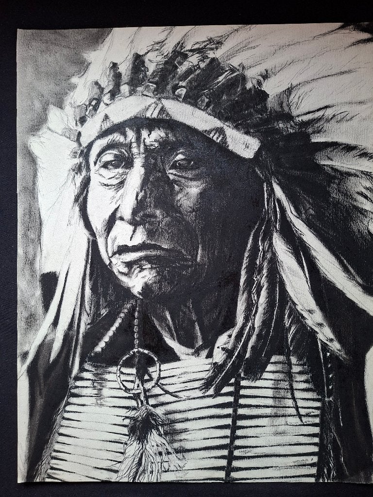 Houtskool tekening Indiaan, Antiek en Kunst, Kunst | Tekeningen en Foto's, Ophalen of Verzenden, Tekening, Houtskooltekening
