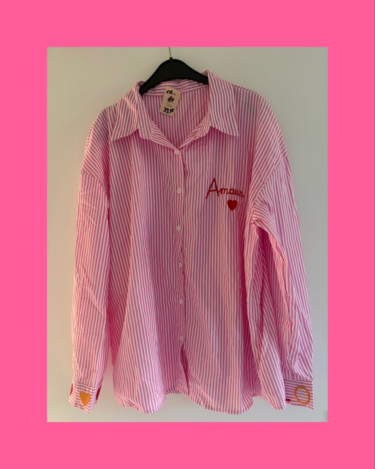 Roze gestreepte blouse met 'Amour' borduursel, Ophalen of Verzenden, Nieuw, Maat 46/48 (XL) of groter, Roze