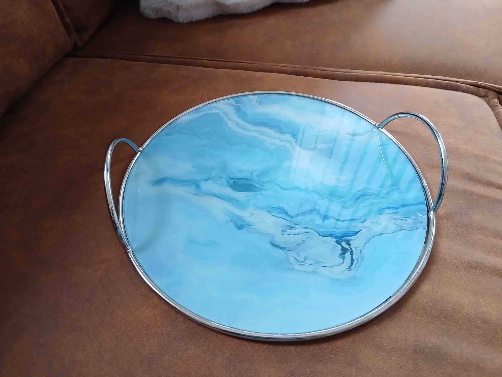 Nieuw decoratief dienblad met blauw marmer effect, Ophalen, Met handvatten, Rond, Nieuw
