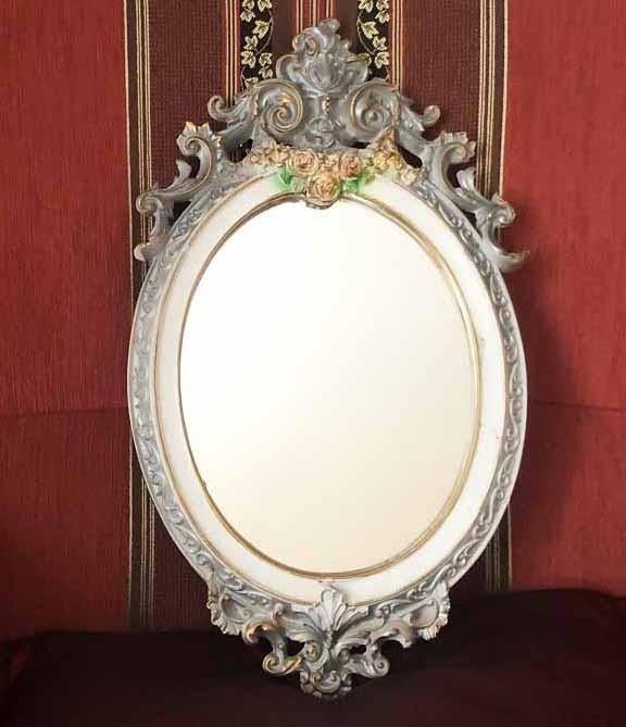 Brocante barok spiegel antiek - ovaal - wit - zilver