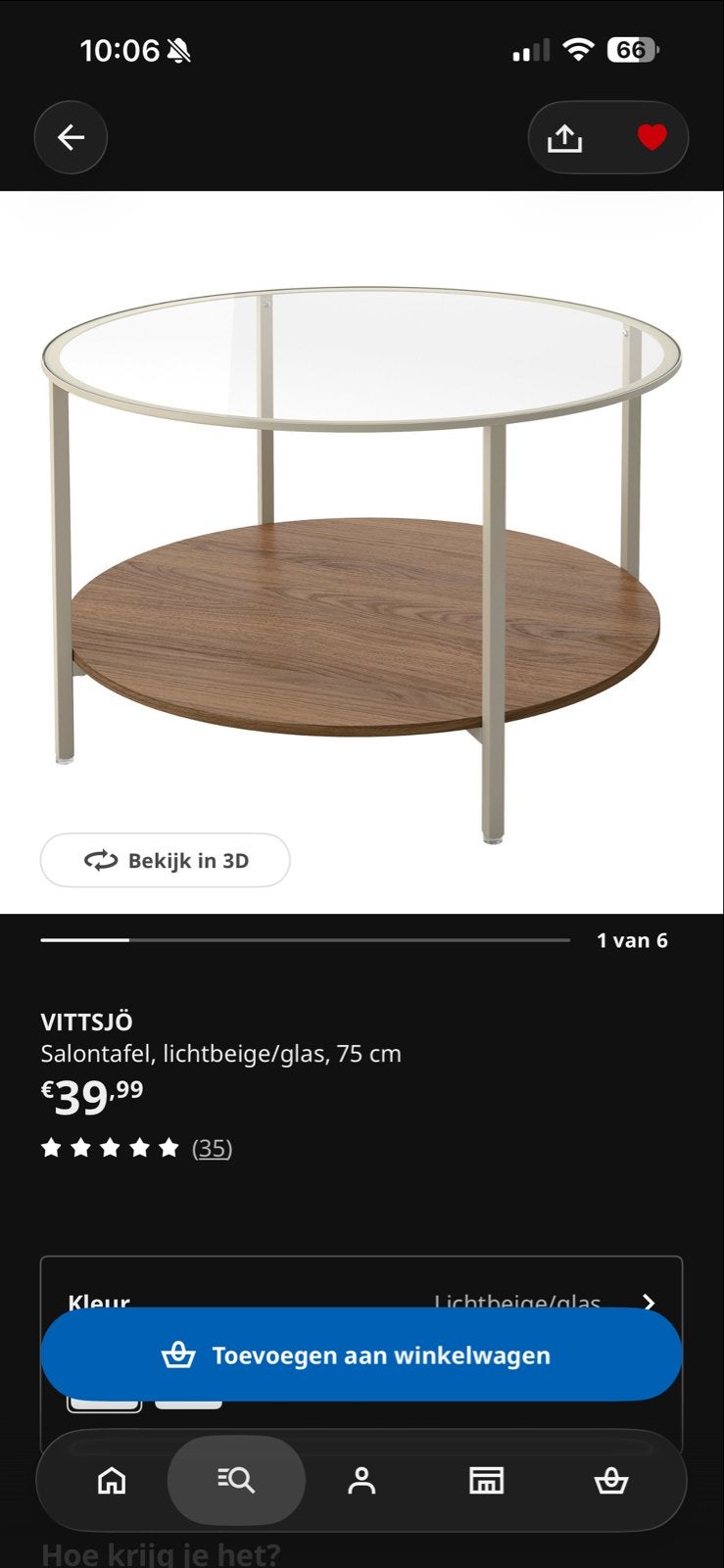 Salontafel wit frame zwart blad Vittsjö IKEA, Ophalen, Gebruikt, Rond, 50 tot 100 cm