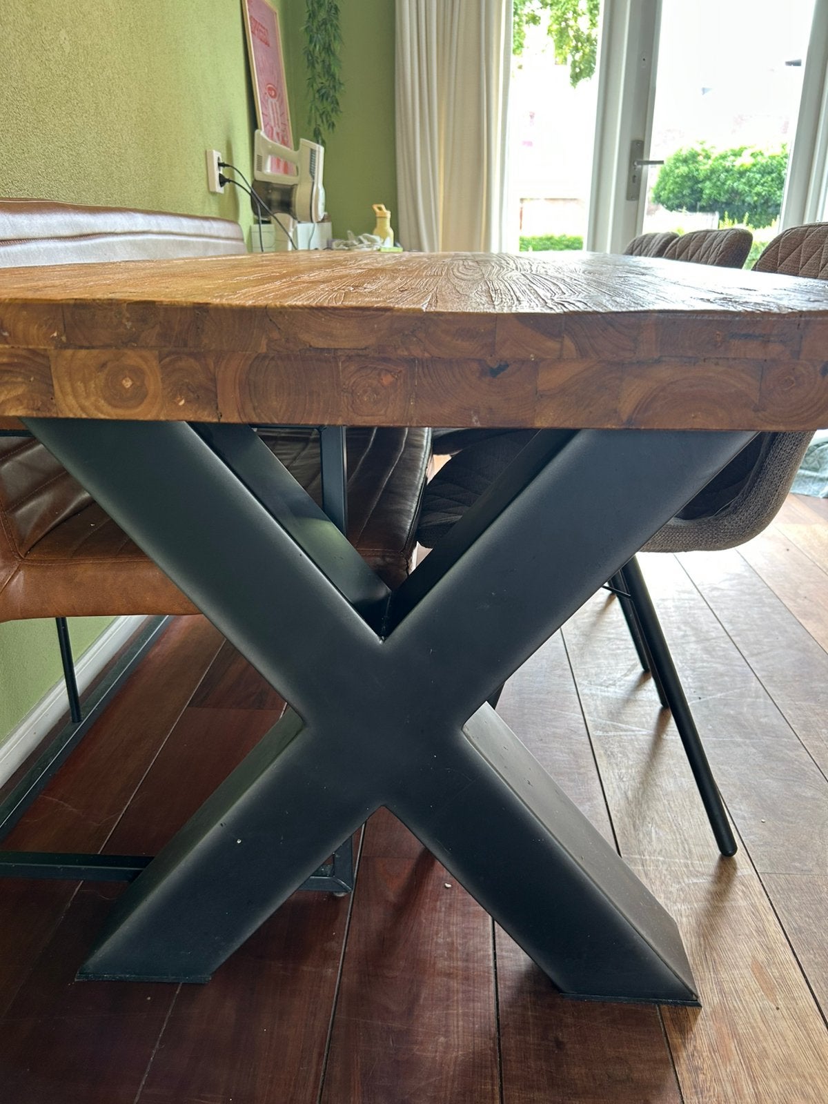 Unieke eettafel (220x90) van teak, massief blad, Ophalen, 200 cm of meer, 50 tot 100 cm, Zo goed als nieuw