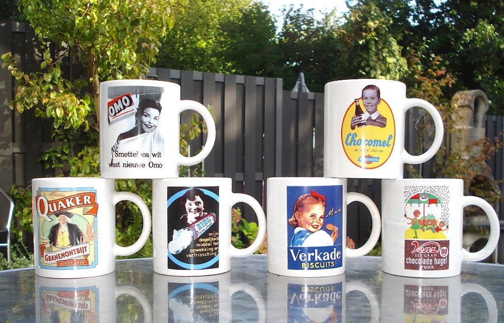 Nieuw: 6 mokken met vintage reclame, Overige merken, Nieuw, Ophalen of Verzenden, Overige stijlen