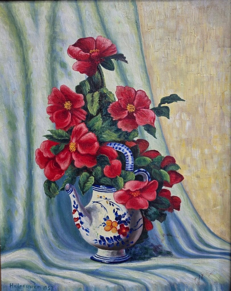 Kerstrozen, stilleven, Antiek en Kunst, Kunst | Schilderijen | Klassiek, Bloemen, Doek, Impressionistisch, Ophalen of Verzenden