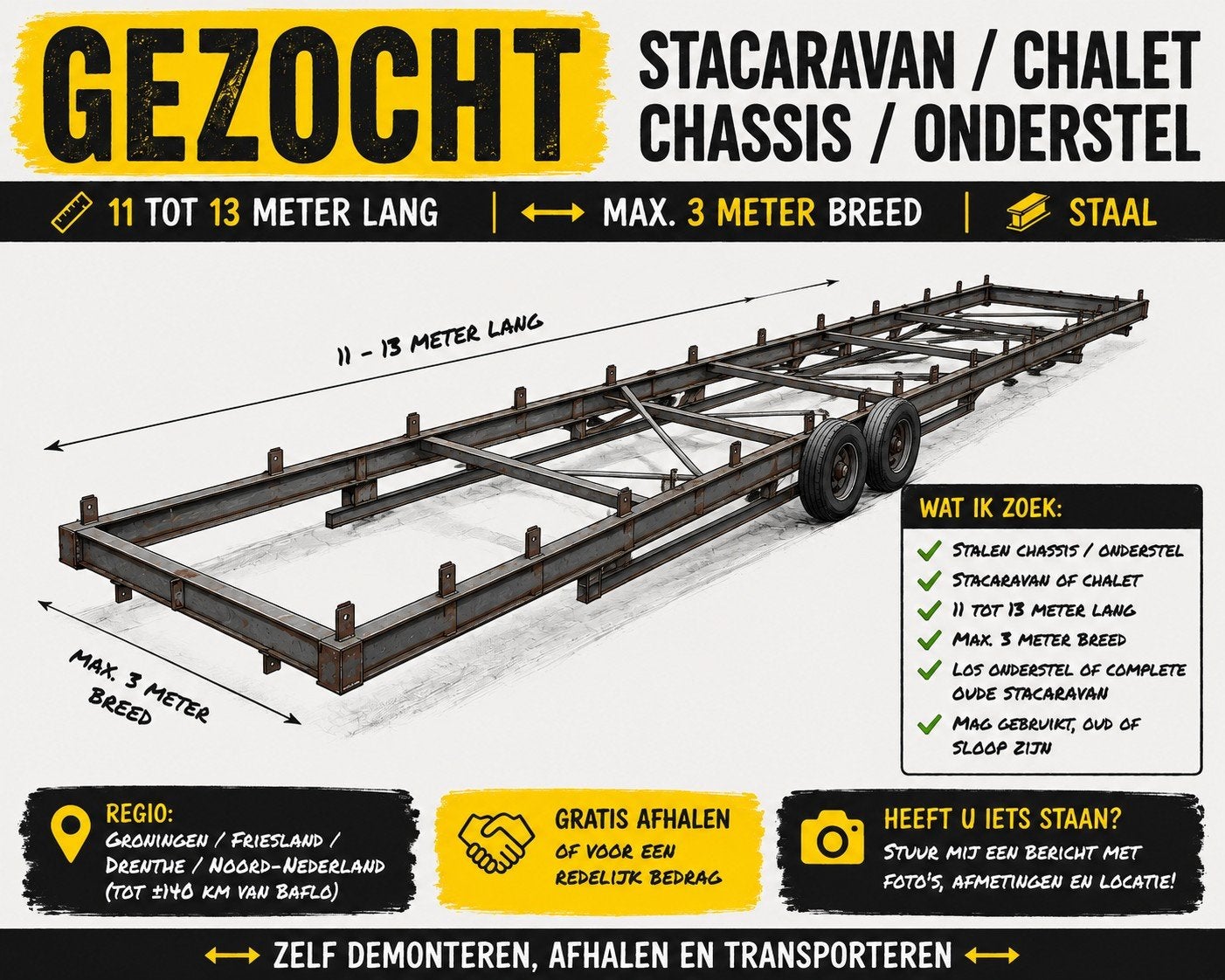 GEZOCHT: Oude stacaravan / chassis / onderstel – 11 tot 13 m, Ophalen, Gebruikt