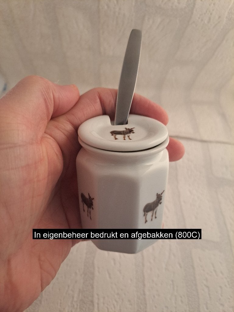 Suikerpot van porselein met metaal lepel met ezels erop, Overige typen, Nieuw, Ophalen of Verzenden, Overige stijlen