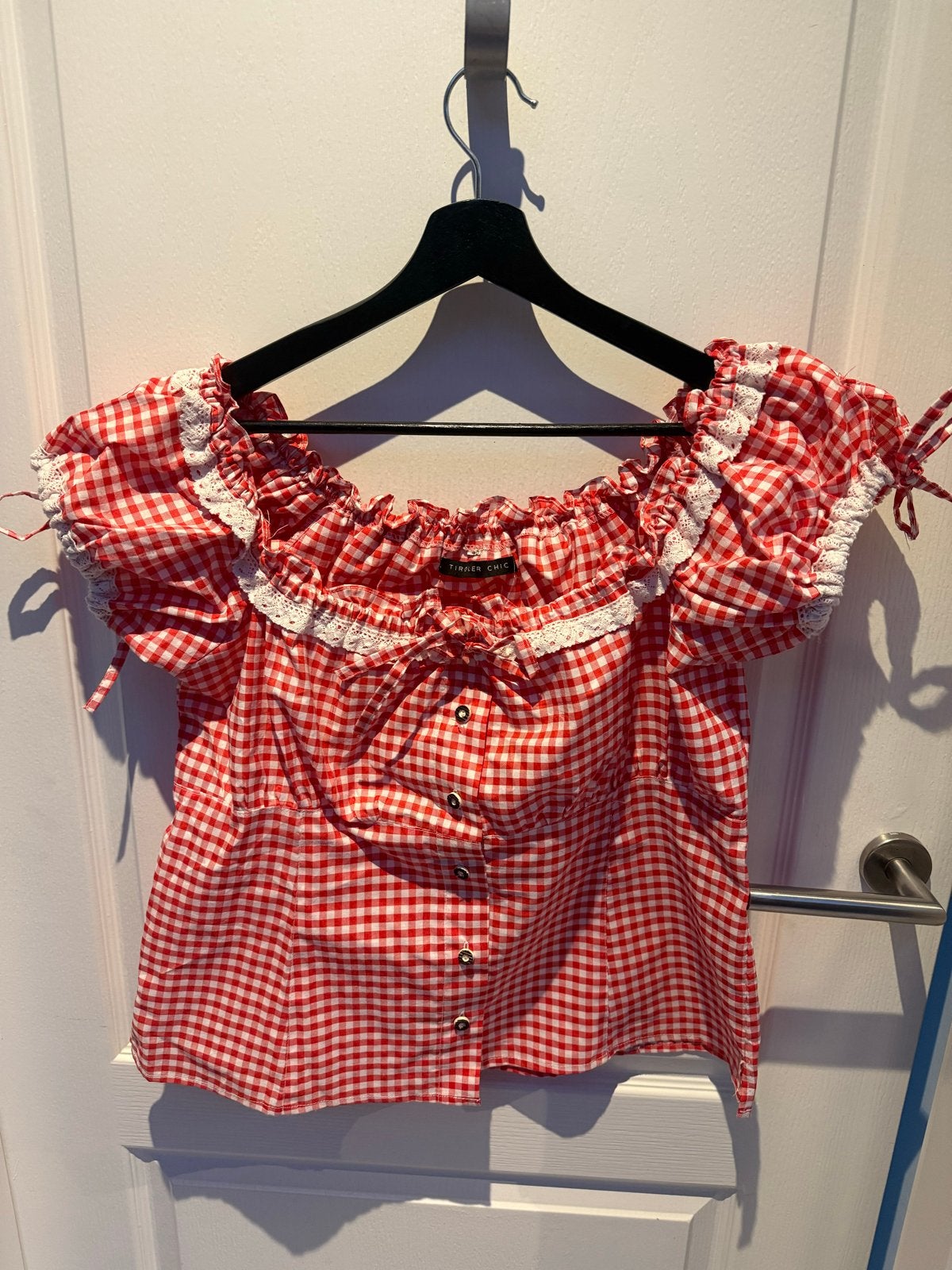 Rood wit geruite Oktoberfest blouse - Tioler Chic, Ophalen of Verzenden, Gedragen, Maat 46/48 (XL) of groter, Rood