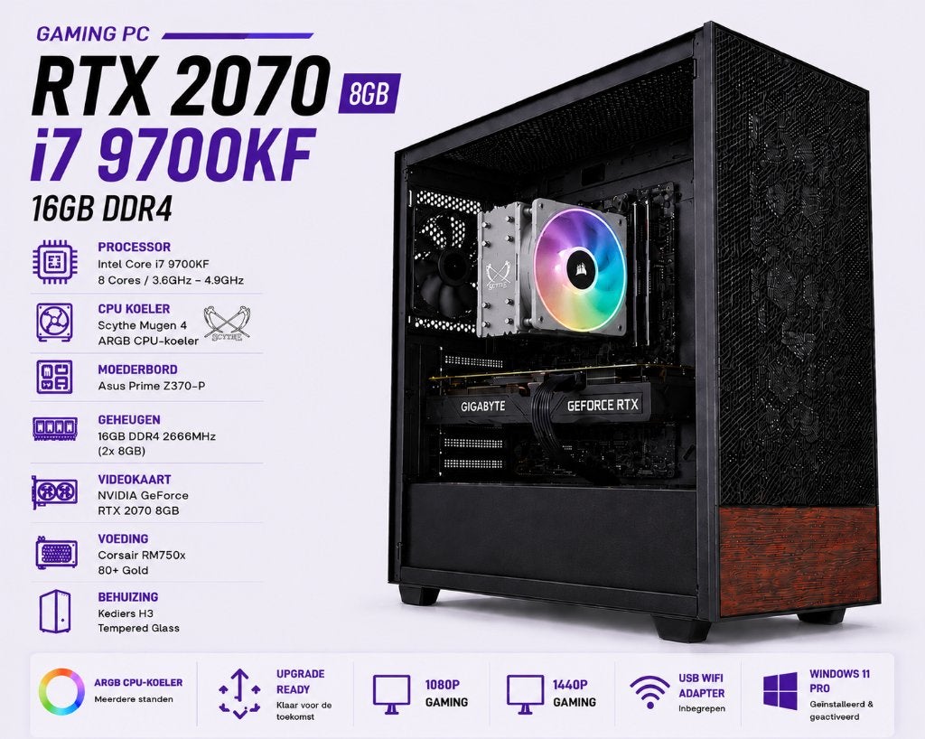 RTX 2070 8GB OC | Gaming PC | i7 9700KF |16Gb | WiFi, 2.06TB, Refurbished, Ophalen of Verzenden, Gaming