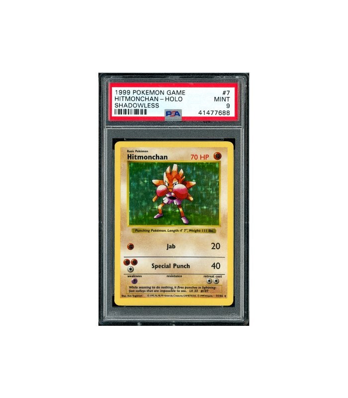 Pokemon Hitmonchan Holo 1999 Base Set Shadowless #7 PSA 9, Ophalen of Verzenden, Zo goed als nieuw, Losse kaart, Foil