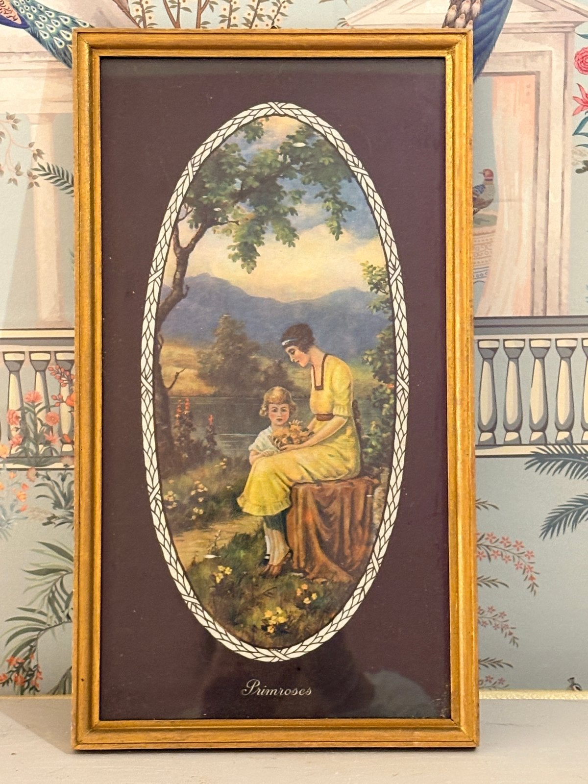 Vintage ingelijste prent 'Primroses' achter glas, Antiek en Kunst, Ophalen of Verzenden