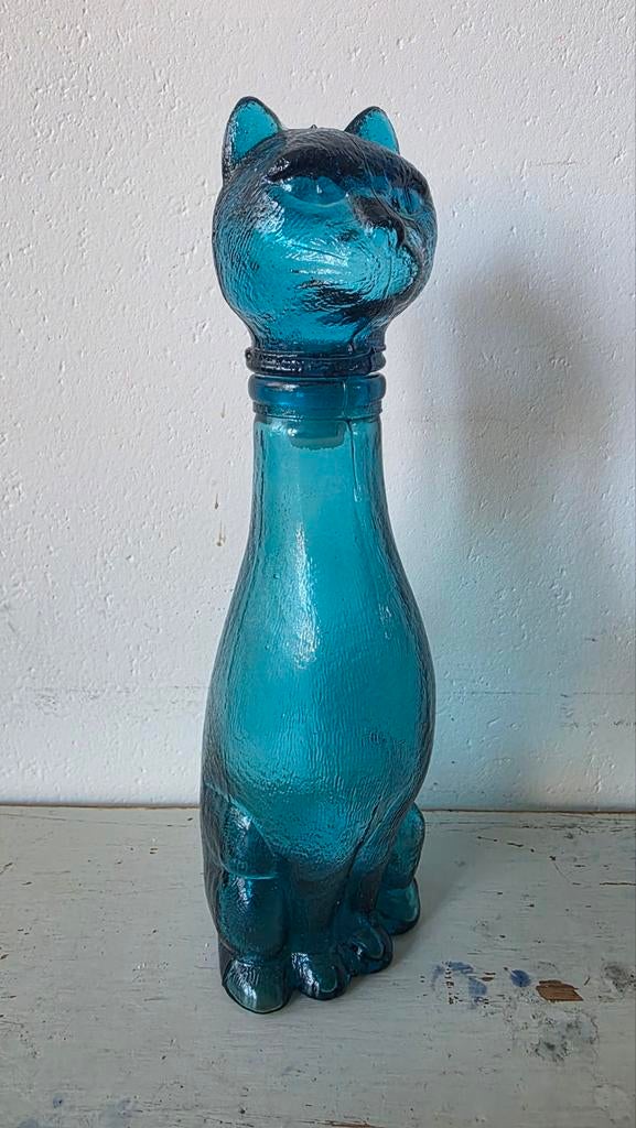 Vintage Italiaanse kattenfles / karaf – turquoise glas –, Ophalen of Verzenden