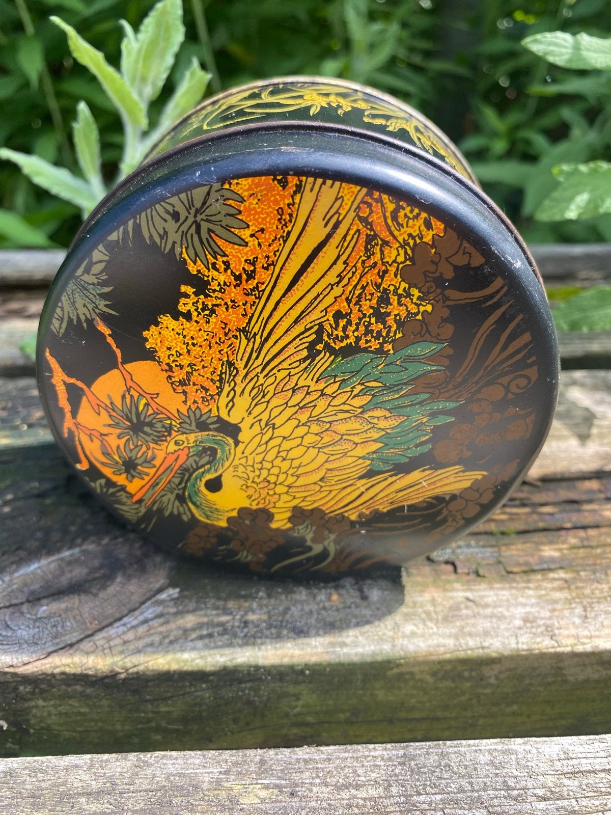 Vintage blikje van Bekkers met Oosterse vogelprint, Ophalen of Verzenden, Gebruikt, Overige, Overige merken