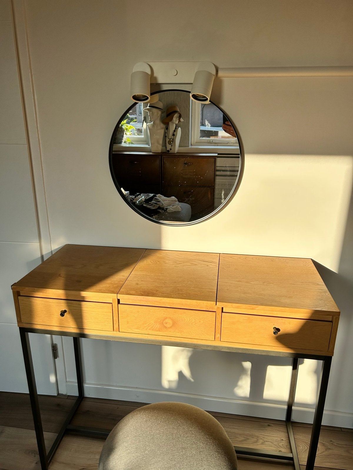 Kaptafel met ingebouwde spiegel, vakken en 2 laden, Ophalen, Gebruikt, 100 tot 150 cm, Minder dan 100 cm