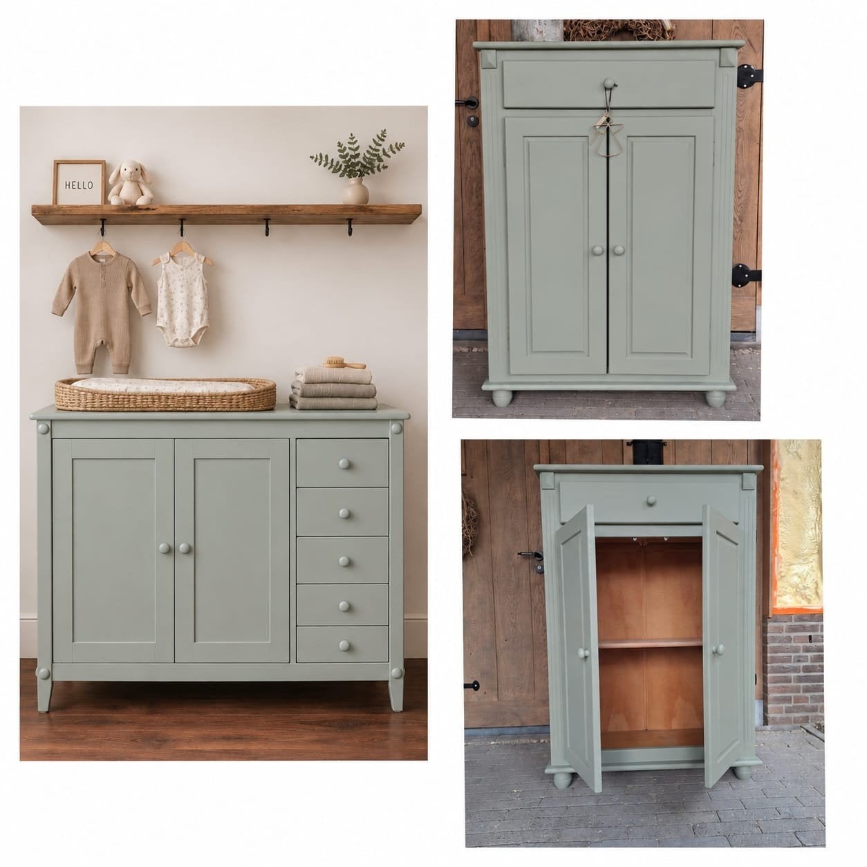 Landelijke commode en kast set - grijsgroen, Huis en Inrichting, Gebruikt, 100 tot 150 cm, Met lade(s), Landelijke stijl