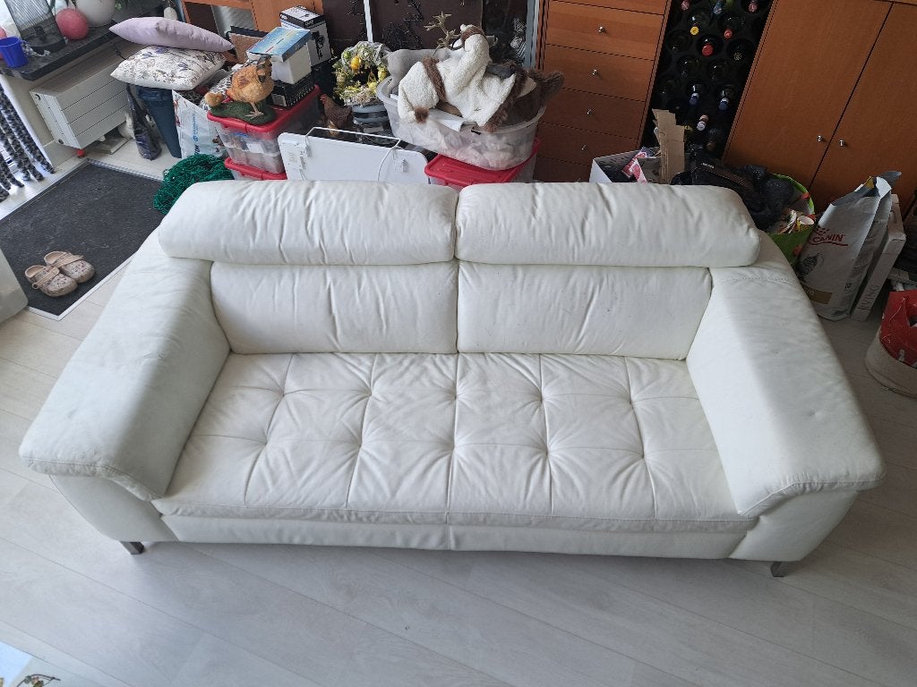 3 persoons zitbank wit leer, Ophalen, Gebruikt, 100 tot 125 cm, Driepersoons