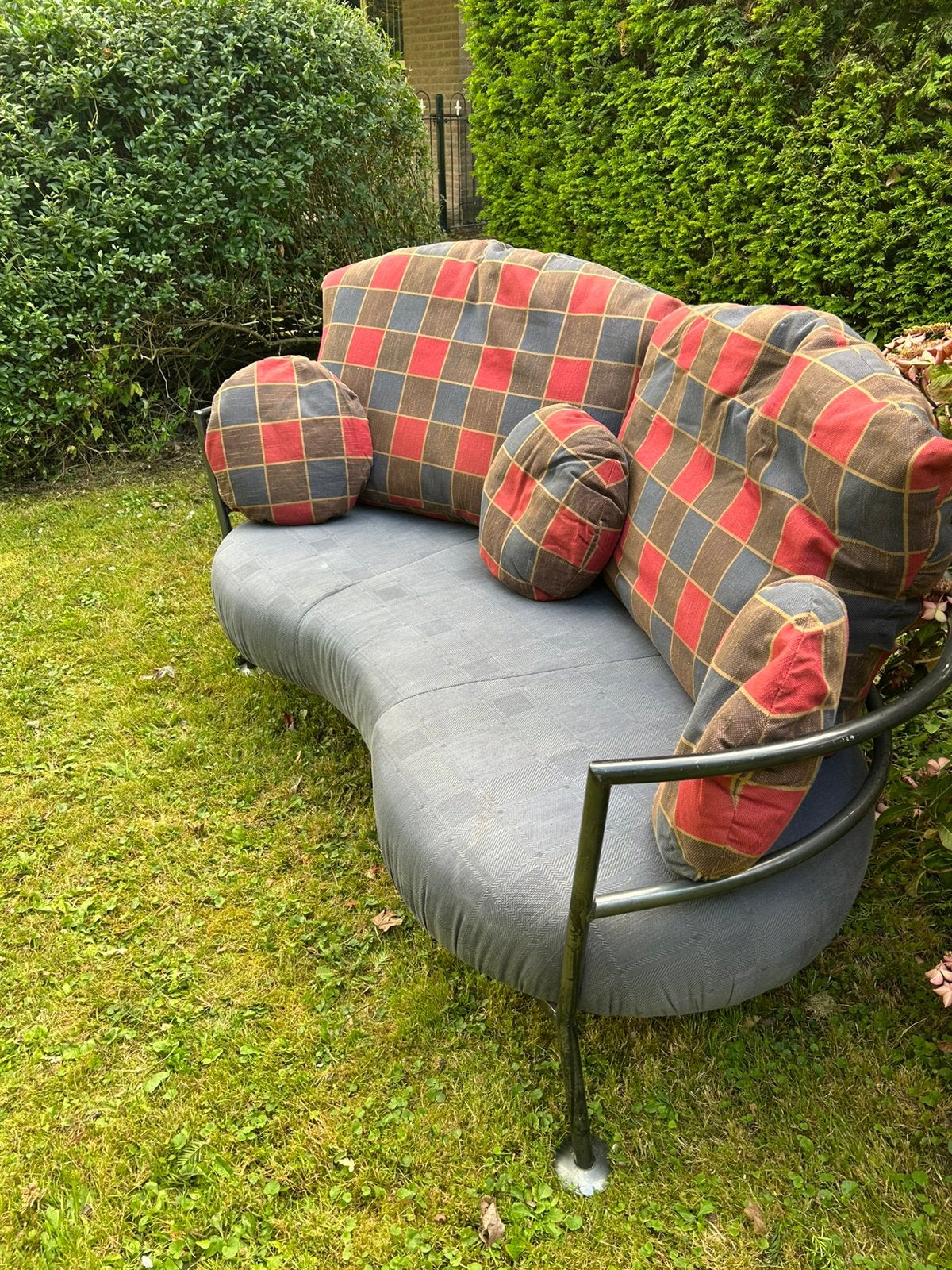 Half rond bankje blauw met ruiten kussens 150x69, Ophalen, Gebruikt, Tweepersoons, 75 tot 100 cm