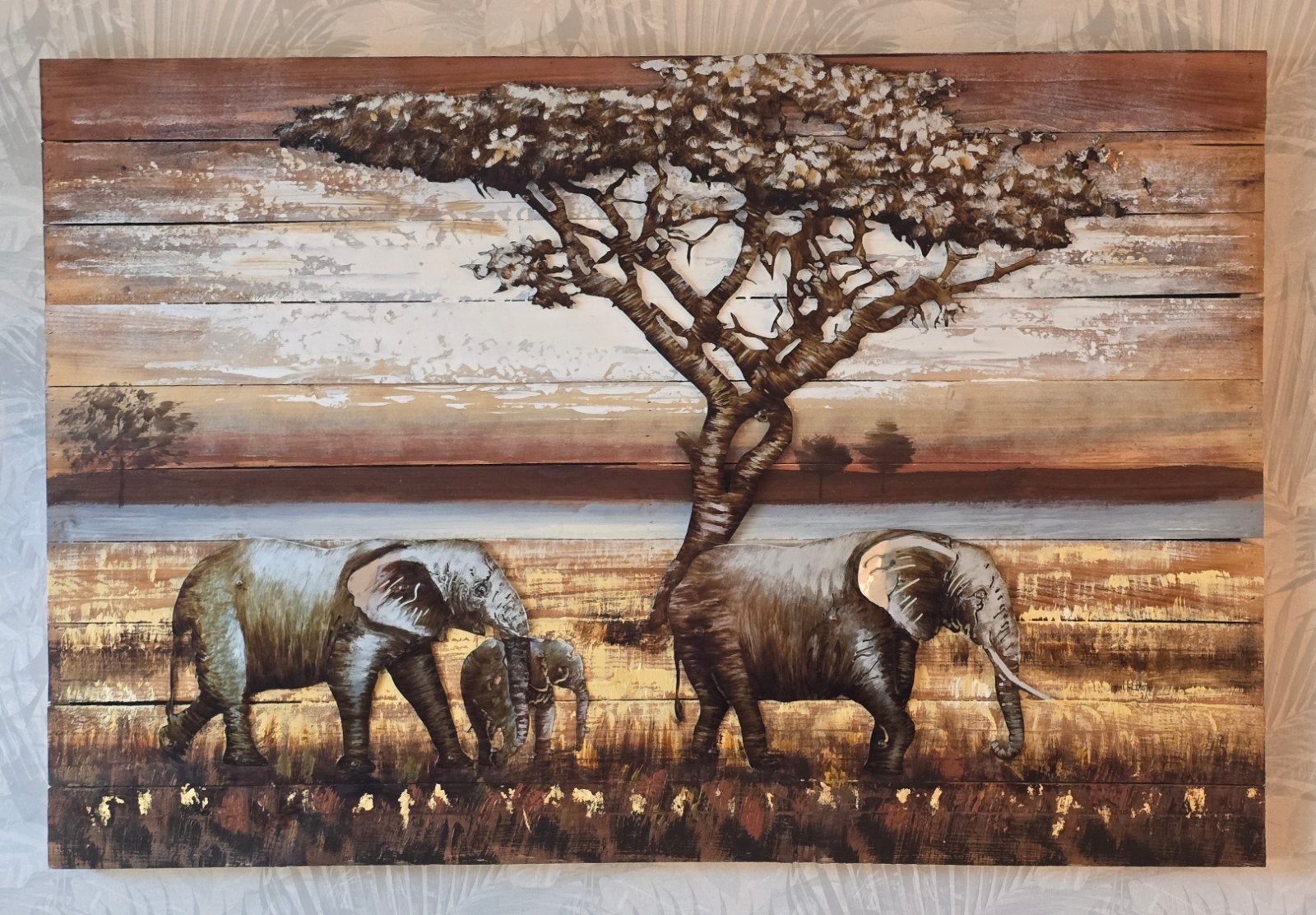 Wanddecoratie olifantenfamilie op hout, Ophalen, Hout, Meerkleurig, Zo goed als nieuw