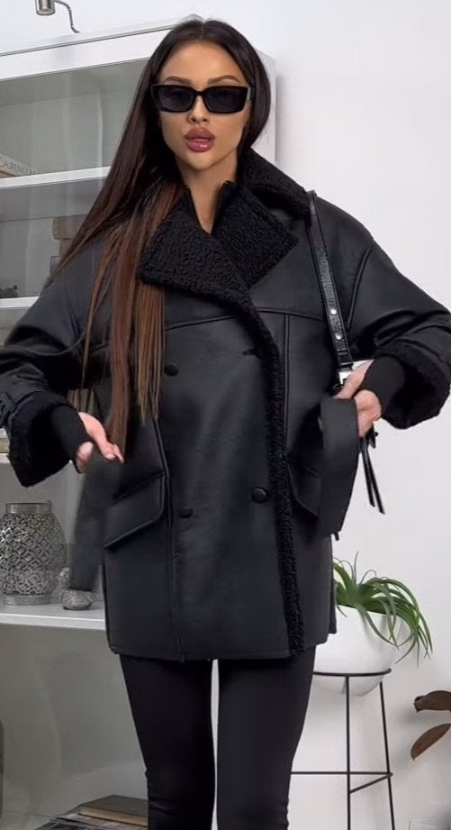 faux leather shearling coat, Kleding | Dames, Jassen | Winter, Ophalen, Zo goed als nieuw, Maat 42/44 (L), Zwart