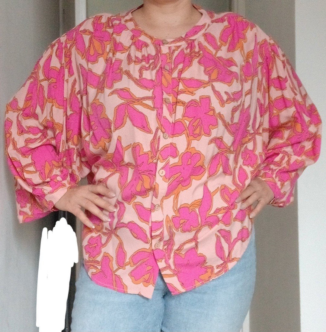 kleurrijk roze neon print blouse wijde mouwen oversized L, Made in Italy, Verzenden, Maat 42/44 (L), Zo goed als nieuw