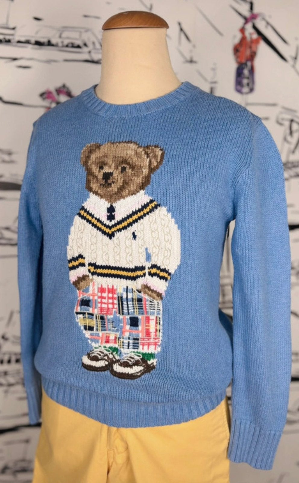 Ralph Lauren jongens lavendelblauwe trui met beer maat 8, Trui of Vest, Ophalen of Verzenden, Zo goed als nieuw, Ralph Lauren