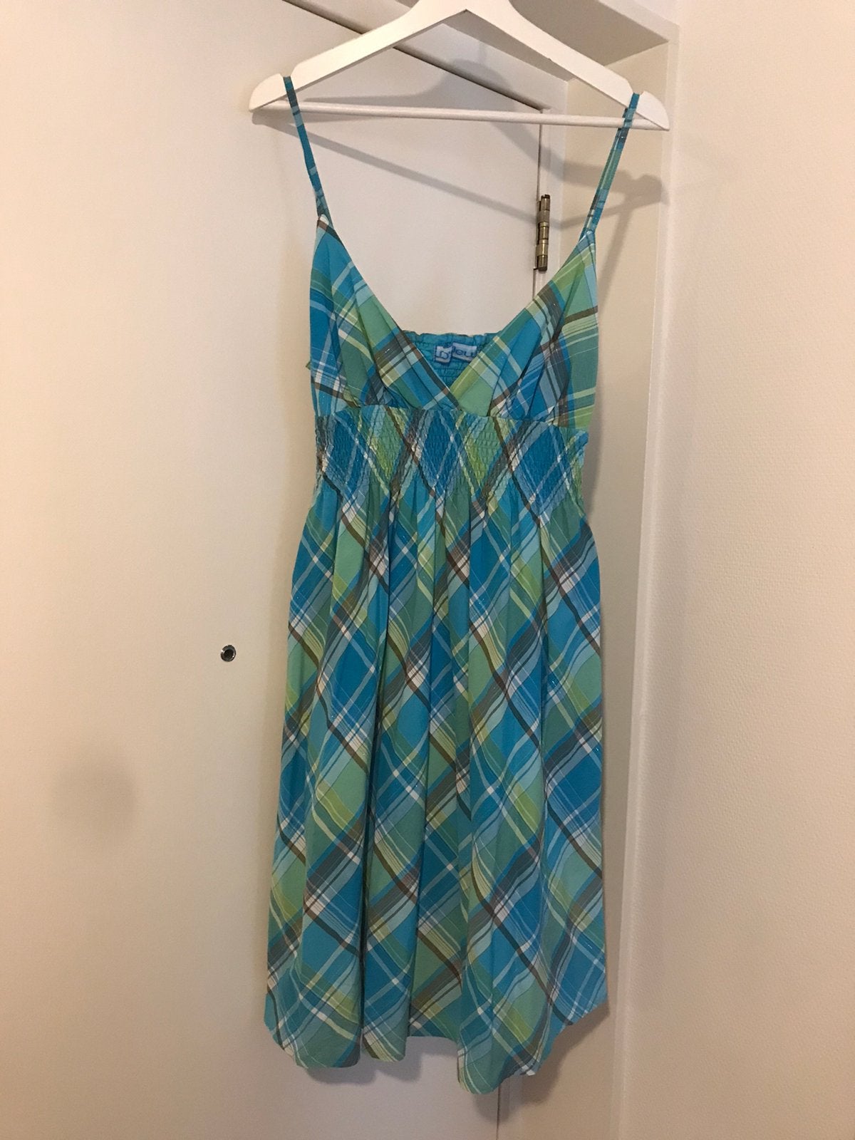 D’ Bleu vintage jurk groen blauw ruit zomer voering XL, Maat 46/48 (XL) of groter, Zo goed als nieuw, Knielengte, Verzenden