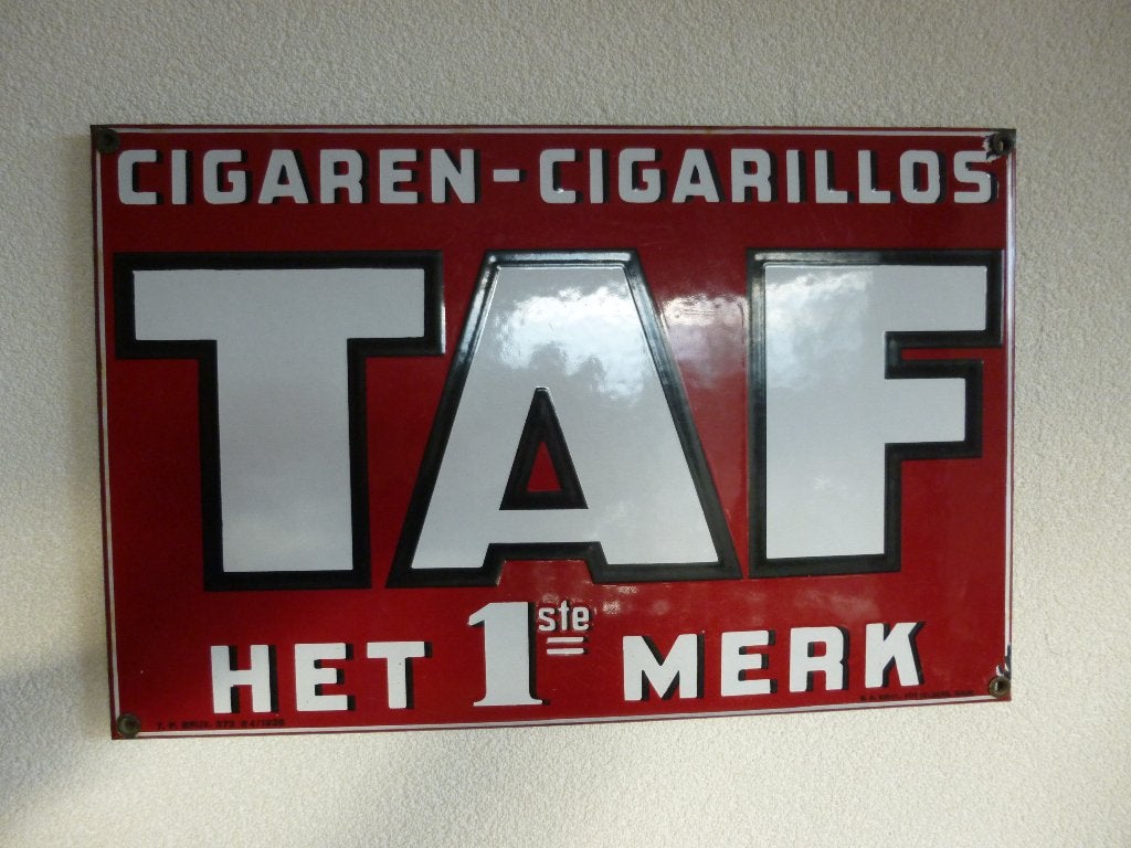 EMAILLE RECLAMEBORD"TAF CIGAREN-CIGARILLOS"UIT 1936, Ophalen of Verzenden, Gebruikt, Reclamebord