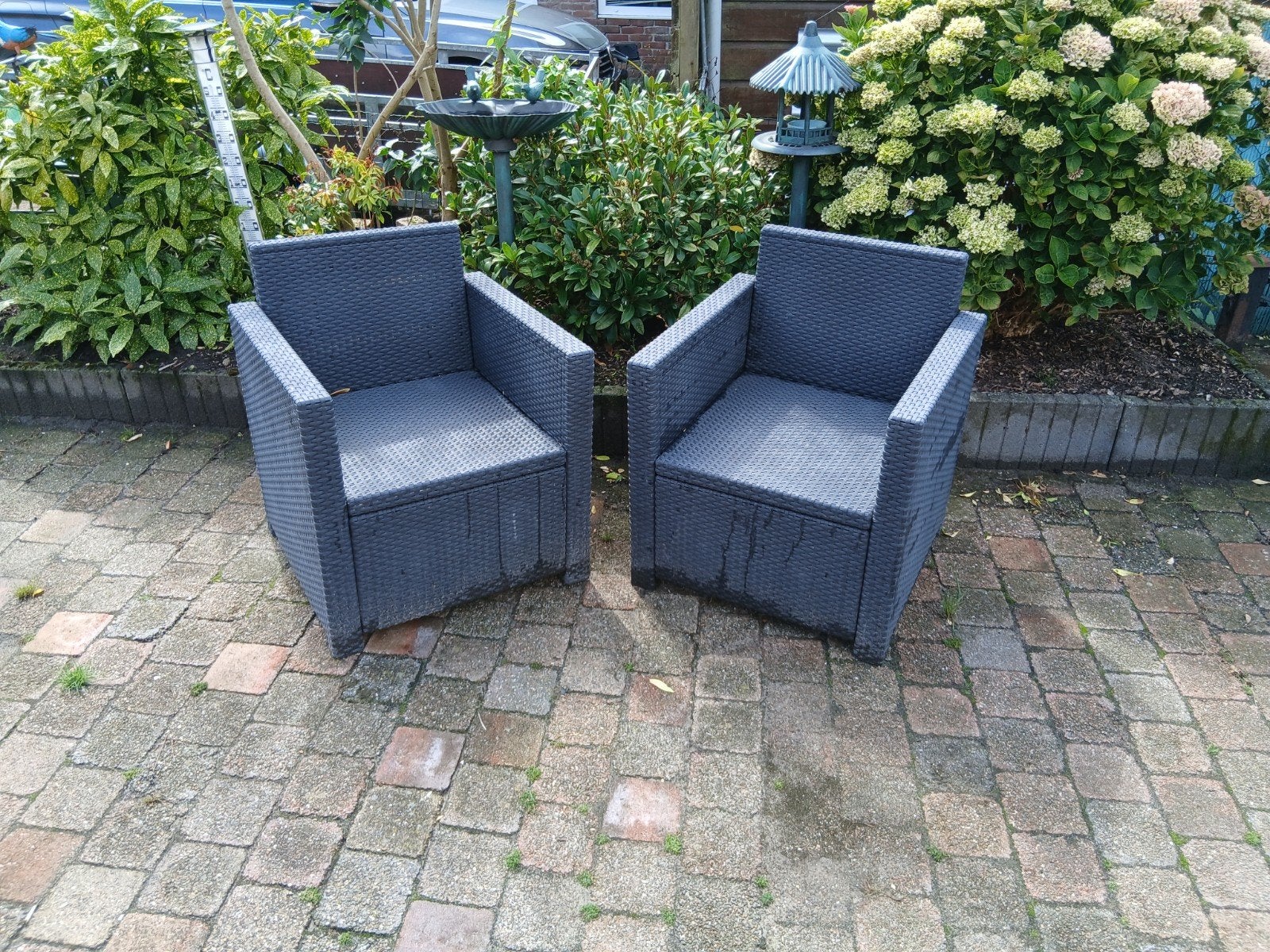 Twee Wicker Tuinstoelen - Grijs, Tuin en Terras, Tuinstoelen, Ophalen, Gebruikt, Wicker