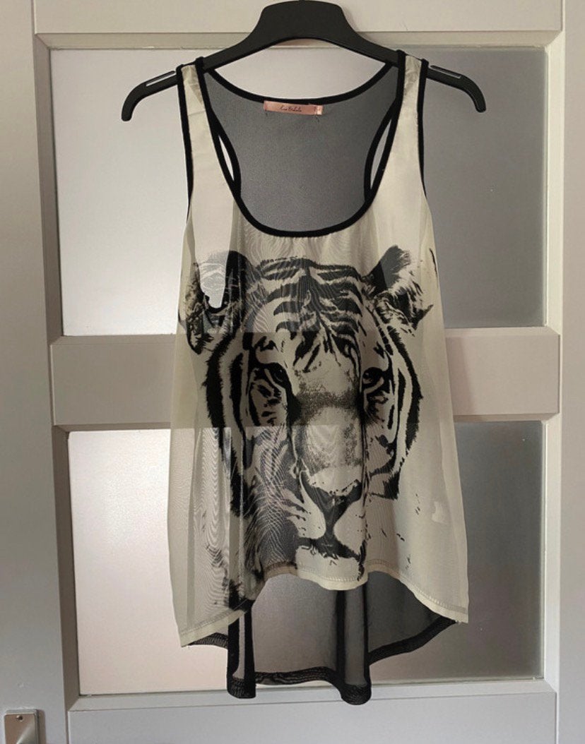 Eva & Lola transparante top met tijgerprint | Maat L(40), Kleding | Dames, Tops, Maat 38/40 (M), Zwart, Ophalen of Verzenden, Zo goed als nieuw