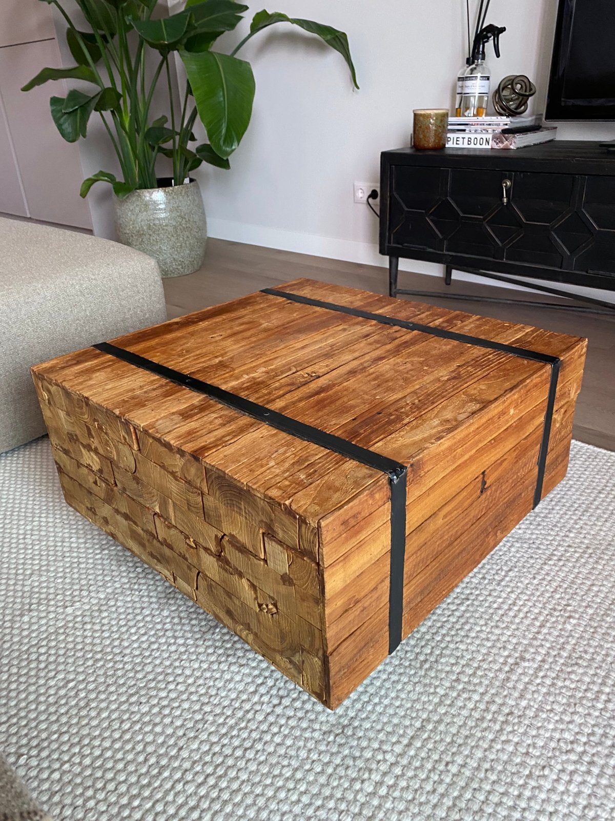 Salontafel teak 60x60 op wieltjes, Ophalen, 50 tot 100 cm, Teakhout, Vierkant
