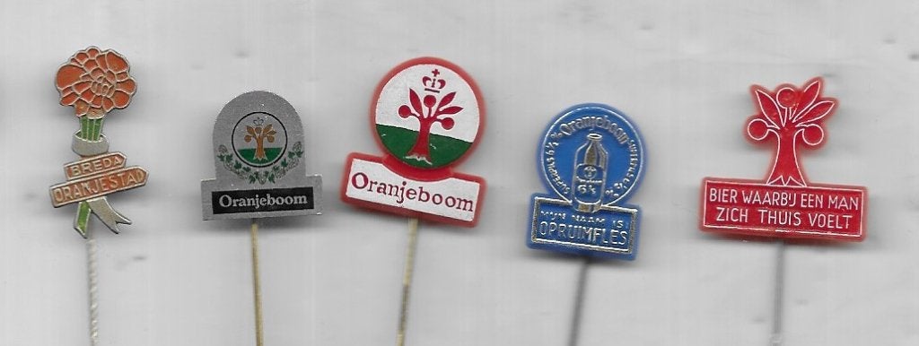 5 X ORANJEBOOM BIER SPELDEN, Verzamelen, Ophalen of Verzenden, Zo goed als nieuw, Merk, Speldje of Pin