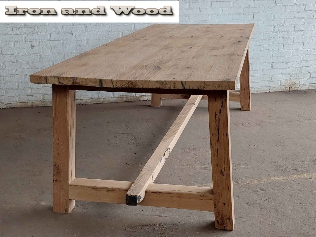 Oud eiken maatwerk wagondelen bureau /tafel /kloostertafel, Ophalen, Nieuw, Hout