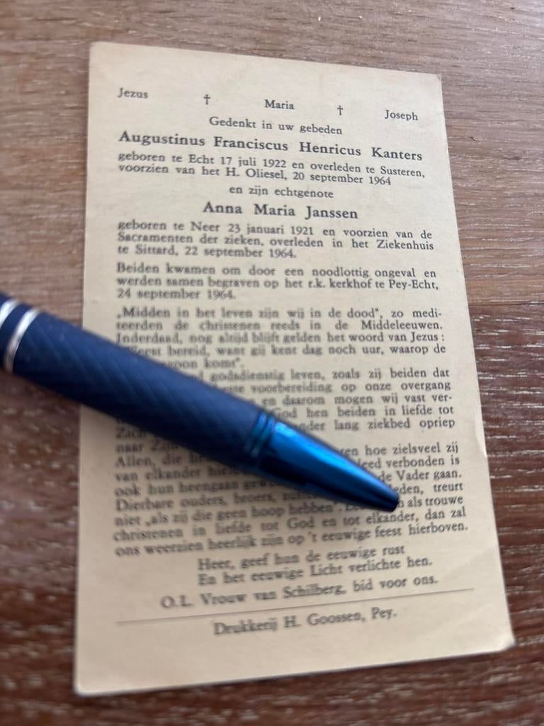 Kanters Aug.  Echt 1964 Susseren x Janssen 1964 Sittard, Ophalen of Verzenden, Bidprentje