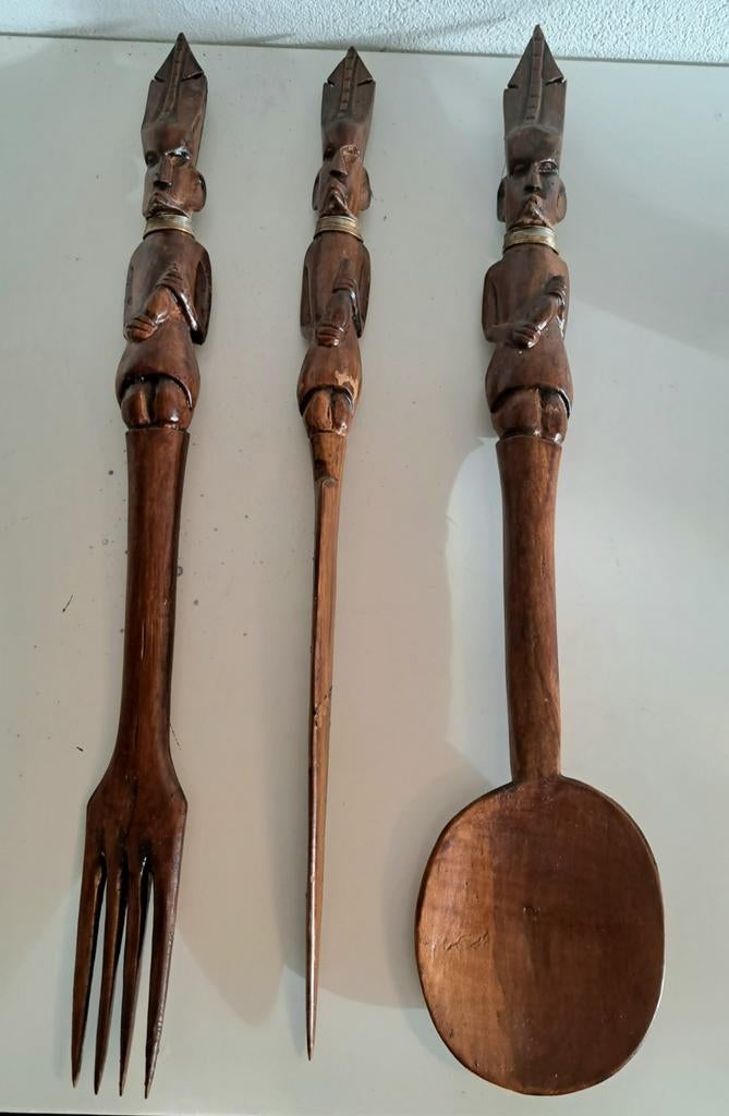 Vintage Afrikaanse houten vork mes lepel set salade servers, Ophalen of Verzenden
