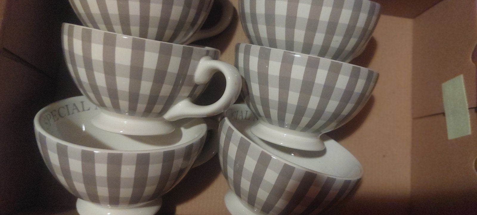 6 Bastion Collection kopjes - Geruit taupe/wit, Ophalen of Verzenden, Zo goed als nieuw