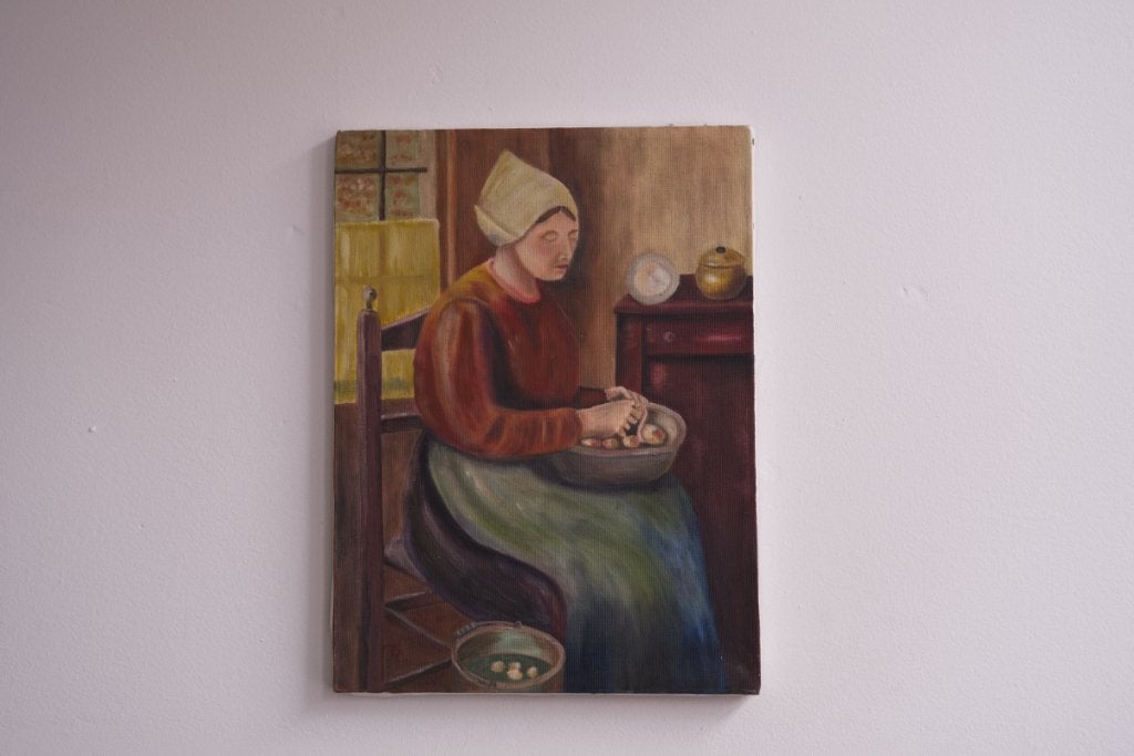 Schilderij Boerin Schilt Aardappels, Ophalen of Verzenden, Portret of Personen