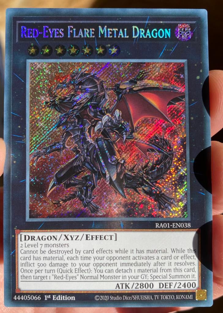 Yu-Gi-Oh! Red-Eyes Flare Metal Dragon RA01 1st Edition !, Ophalen of Verzenden, Zo goed als nieuw, Losse kaart, Foil